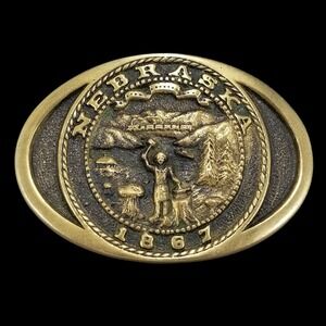 Heritage Mint Nebraska 1867 State Seal Solid Brass Belt Buckle Vintage 1977